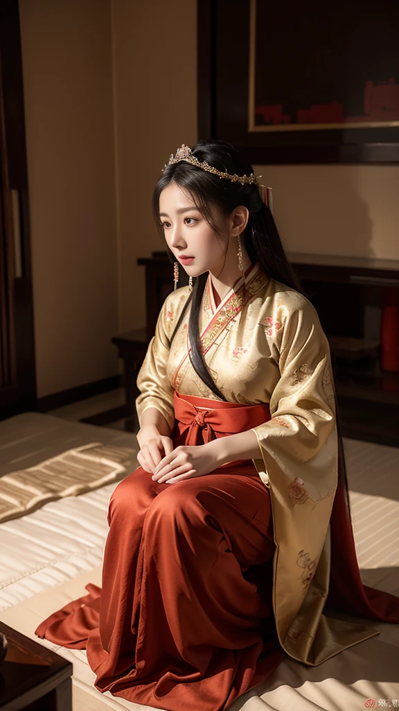 Chinese ancient style，Beauty，Kneeling at the bedside，blushing，Expression，Long legs，Hanfu，Antique long dress，Dark background，Ancient style house，Large bust，enchanting。Masterpiece，8K，Very close observation