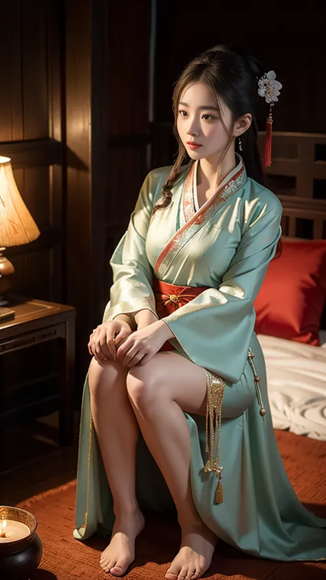 Chinese ancient style，Beauty，Kneeling at the bedside，blushing，Expression，Long legs，Hanfu，Antique long dress，Dark background，Anci...