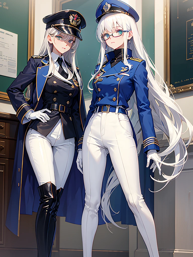 masterpiece, best quality, beautiful girl, white hair, green eyes color, dark blue military uniform, mature_female, eye_glasses, white gloves, anime, dark blue military hat, very_long_hair, perfect body, red ribbon, commander, science_fiction, black knee-high boots, white pants, cowboy_shot, best quality, large_breasts, ultra-detailed, high quality, modern military uniform, sci-fi, royal blue Trench Coat, one girl 