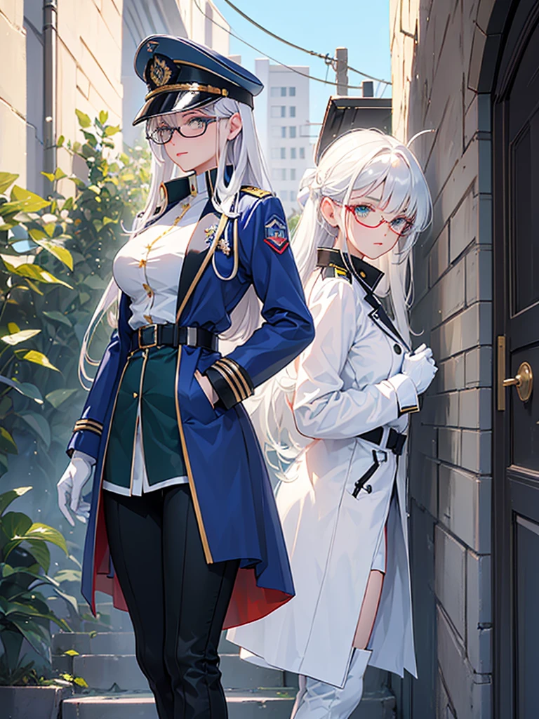 masterpiece, best quality, beautiful girl, white hair, green eyes color, dark blue military uniform, mature_female, eye_glasses, white gloves, anime, dark blue military hat, very_long_hair, perfect body, red ribbon, commander, science_fiction, black knee-high boots, white pants, cowboy_shot, best quality, large_breasts, ultra-detailed, high quality, modern military uniform, sci-fi, royal blue Trench Coat, one girl 