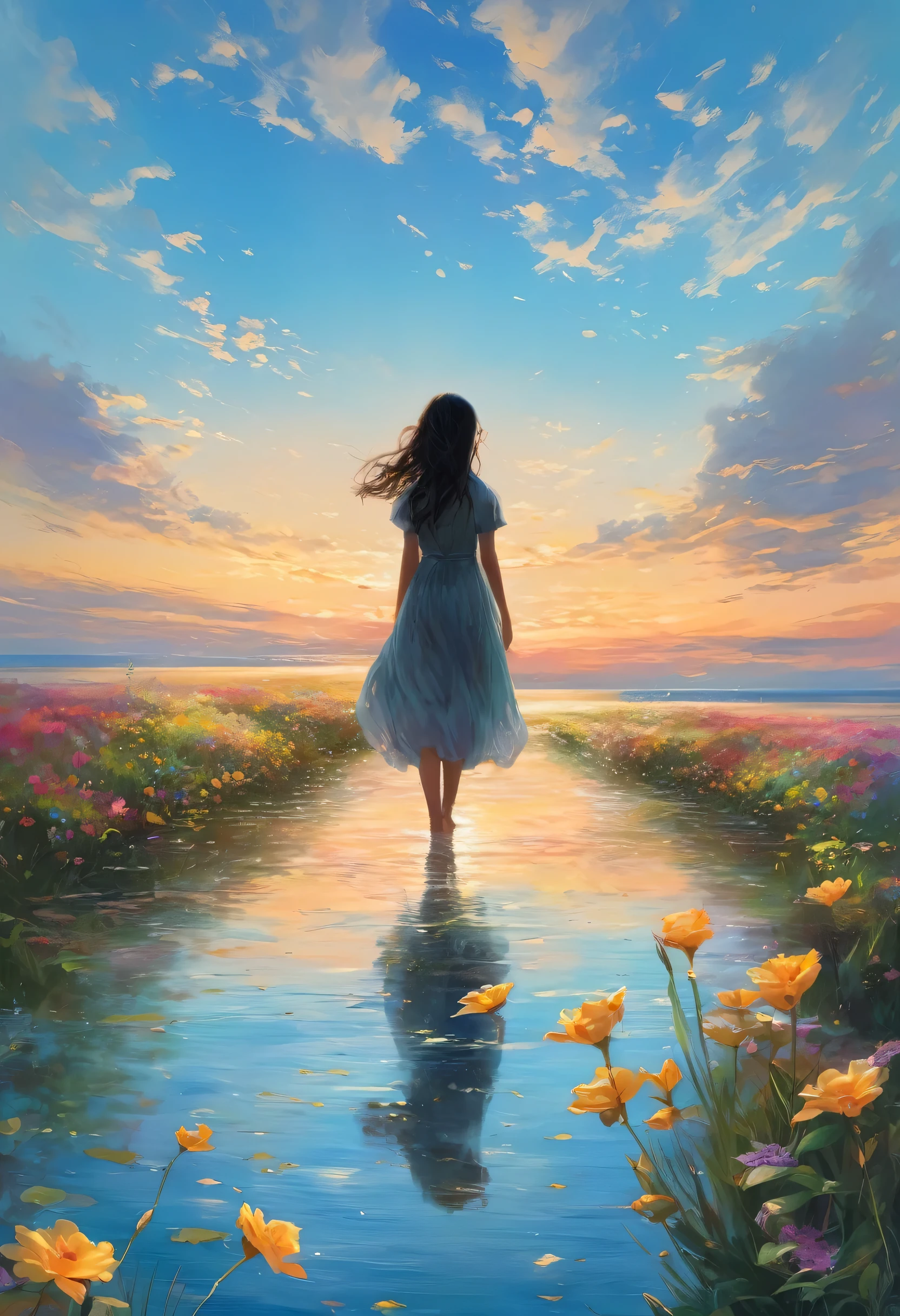 Imagen general: Línea del horizonte en el centro de la pantalla.. La niña camina de izquierda a derecha.. Su figura se refleja simétricamente en el agua.. estilo de pintura al óleo. La niña está en su adolescencia.. Ella lleva un vestido de una sola pieza..、falda pelo largo、La expresión de las flores ondeando al viento es tranquila..、Una atmósfera ligeramente melancólica Un ramo de flores en la mano Un horizonte Un cielo al amanecer o al atardecer El límite entre el mar y el cielo se difumina Una superficie de agua tranquila y serena con algunas nubes flotantes La niña&#39;La figura de s se refleja como un espejo. Las ondas se extienden sobre la superficie del agua. Sería bueno tener montañas o bosques de fondo. Colores suaves en general.、Utilice luces y sombras de forma eficaz para crear una atmósfera agradable.、Agregar profundidad