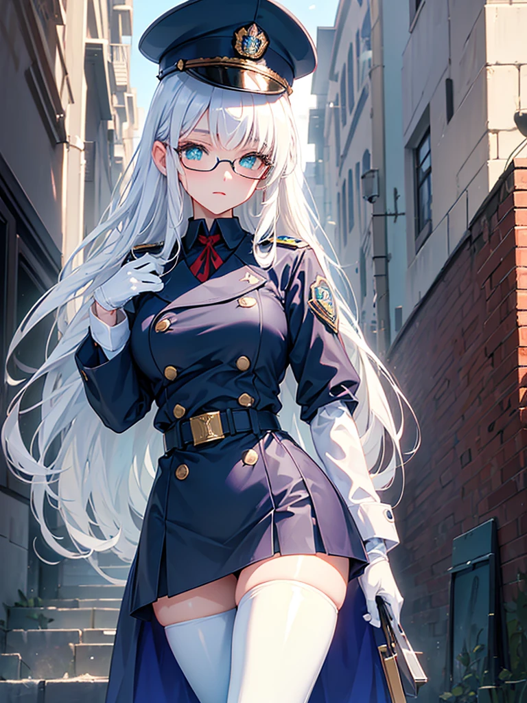 masterpiece, best quality, beautiful girl, white hair, green eyes color, dark blue military uniform, mature_female, eye_glasses, white gloves, anime, dark blue military hat, very_long_hair, perfect body, red ribbon, commander, science_fiction, black knee-high boots, white pants, cowboy_shot, best quality, large_breasts, ultra-detailed, high quality, modern military uniform, sci-fi, royal blue Trench Coat, one girl, 4k 