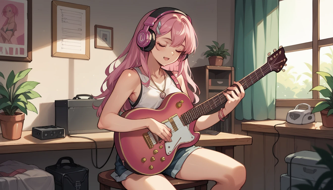 Beautiful girl listening to music with headphones、Pink Hair、Eyes are open、Inside the room、Holding a guitar　