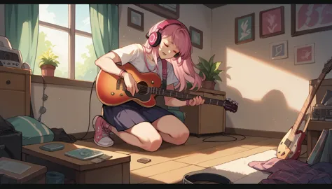 beautiful girl listening to music with headphones、pink hair、eyes are open、inside the room、holding a guitar