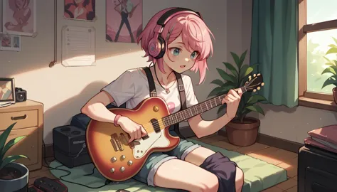 beautiful girl listening to music with headphones、pink hair、eyes are open、inside the room、holding a guitar