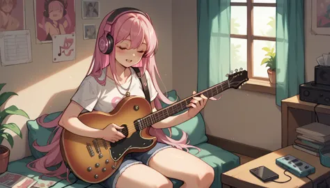 beautiful girl listening to music with headphones、pink hair、eyes are open、inside the room、holding a guitar