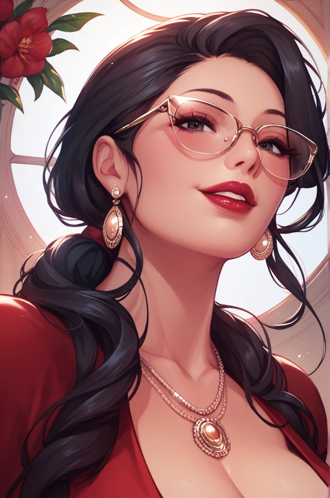 Hot sexy beautiful milf mom  , perfect body, detailed lips rings ,black  hair,black eyes, wearing white sun glasses , detailed , big chandelier earrings , alluring face, smiling, necklace , red lipstick ,hair ponytail ,red flowers brochure,red gown