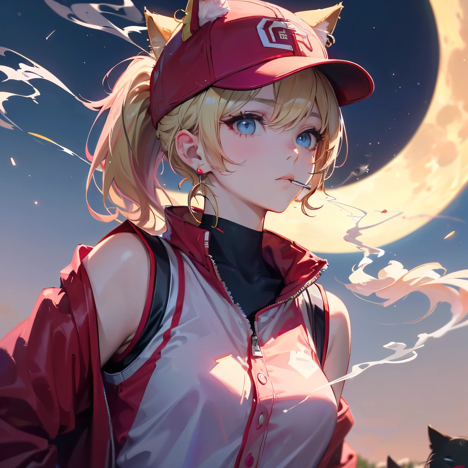(((pink and Blonde hair　short ponytail　Wear a cap)))　((cyber punk　Earrings　Smoke a cigarette  solo))　((Shining Moon　Shining Background)) ,((Cat ears)), ((Sleeveless)),((Wine Red Baseball Cap)),((Wearing a wine red baseball uniform))、((Red jacket))、Pale blue eyes,Closed Mouth、Hoop Earrings, Jewelry,(Best Quality, 8k, Oil painting, Mastepiece:1.2), Super detailed, (Realism, It&#39;s photorealistic:1.37), (((Bust Shot))),