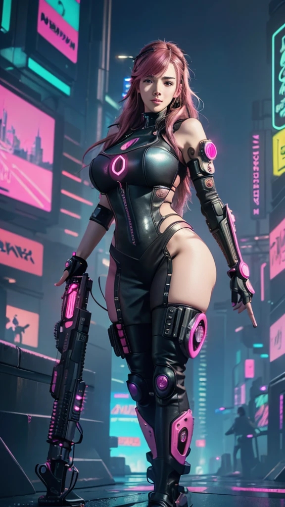 (Top image quality), (8K picture quality),(master piece), (very detailed image textures), (cyber punk perssonage),(beautiful effects), (vibrant colors), (detailed face),(detailed hair), (detailed eyes), (cyberpunk cityscape:1.4), (cyberpunk city landscape:1.5),vivid colors, cinematic lights, cinema shadows, sharp image, bright sprites, (pink neon lights:1.5),flashing red, lightparticle effects, 1 female, 28 years old, ( curvy body 1.3))), (beautiful:1.4), brunette hair,(dark hair:1.3+pink hair:1.2), (confident smile:1.2),(cyberpunk outfit),(Gatling gun:1.2) (photo from bottom up),