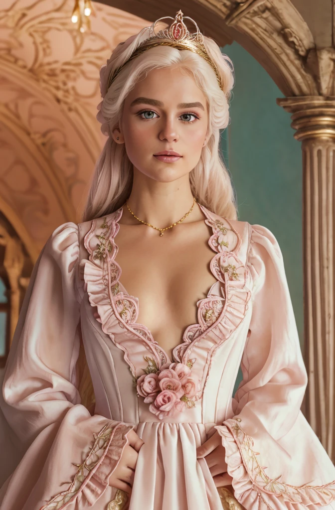 White Blonde hair, fluffy hair, stylish hair, long hair, lilac eyes, perfect eyes, beautiful, perfect face, tween, dainty , short, kind, curvy, a flowing pale airy gown with ruffles along the bottom with tiny pink flowers and gold dragon embroideries with flowers, Her tiara had a pretty teal gemstones, silver necklace, noble class, royal, royalty, red castle, feasting hall, medieval, elegant surroundings, soft dewy makeup look, light peach blush, soft tan eyeshadow, light coral lipstick, cutesy, girlish, girly, guileless, ingénue, princess , whimsical lighting, Targaryen, dragons in the sky, photorealistic
