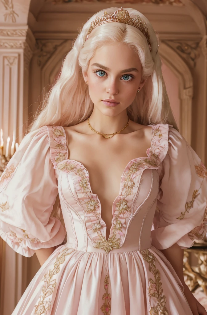 White Blonde hair, fluffy hair, stylish hair, long hair, lilac eyes, perfect eyes, beautiful, perfect face, tween, dainty , short, kind, curvy, a flowing pale airy gown with ruffles along the bottom with tiny pink flowers and gold dragon embroideries with flowers, Her tiara had a pretty teal gemstones, silver necklace, noble class, royal, royalty, red castle, feasting hall, medieval, elegant surroundings, soft dewy makeup look, light peach blush, soft tan eyeshadow, light coral lipstick, cutesy, girlish, girly, guileless, ingénue, princess , whimsical lighting, Targaryen, dragons in the sky, photorealistic
