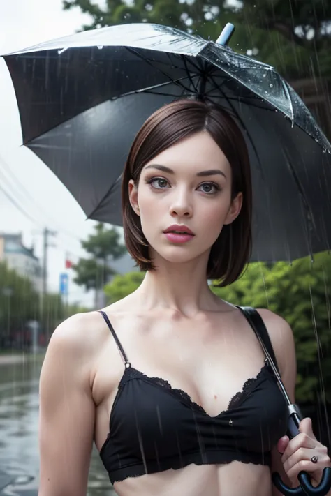 ((Stoya holding an umbrella:1.2))、(raining:1.4)、in the city、Close and distant views、(Highest quality、4K、8K、High resolution、maste...