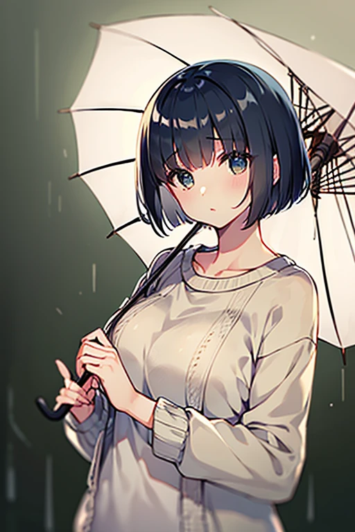 大雨、大雨、傘を持ったかわいい女の子,大量の傘 、Short hair and white サマーニット, サマーニット, ショートヘア, ショートヘア with bangs,, 最高の画質, 傑作、市内、プル構成、