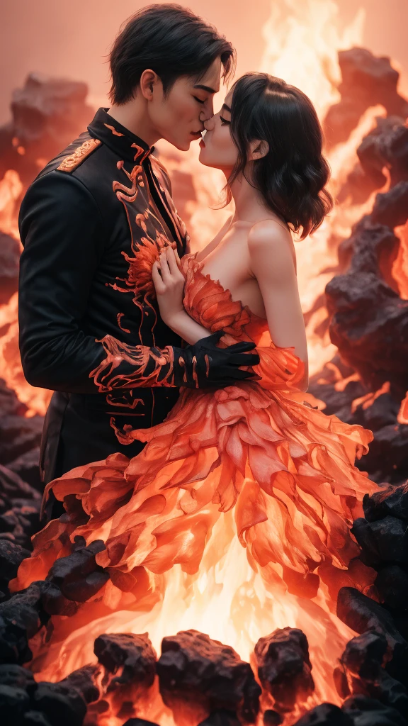 masterpiece，Highest quality，Rich in details，high resolution，flame/fiery的焰/flame，Dynamic Scene Scale 1.3，Romantic couple kissing in the fire，Firestorm，on fire，Bizarre fantasy image，Excellent skin texture，Magic Circle，Casting a Spell，strange，紫色strength，strength，fiery，meteor。