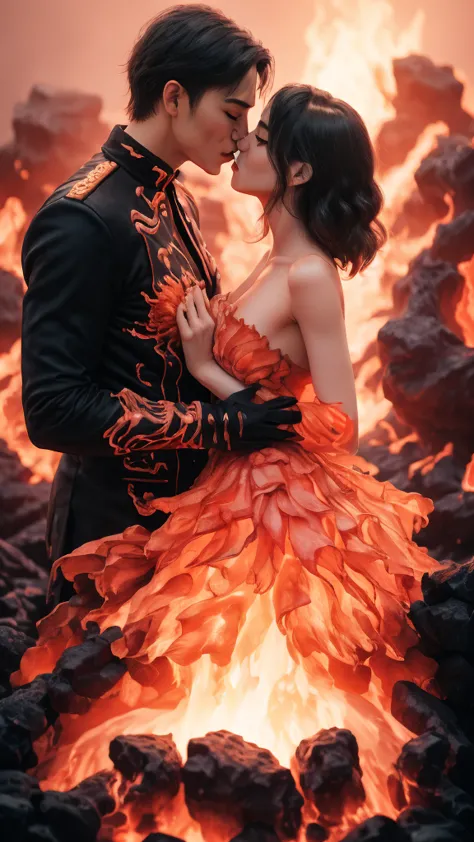 masterpiece，Highest quality，Rich in details，high resolution，flame/fiery的焰/flame，Dynamic Scene Scale 1.3，Romantic couple kissing ...