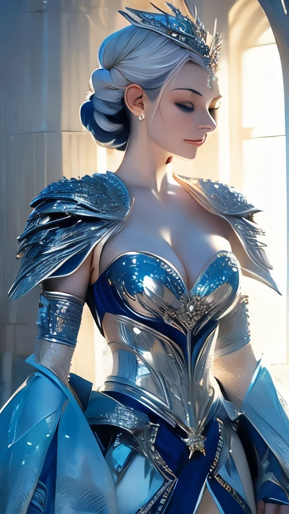 The princess stands before you, clad in an armor of ice that transfigures her into a true queen of the snowy realm. Each armor piece is a frozen masterpiece, crafted with painstaking precision. The shoulder pads exhibit ice spikes, acting as chiseled defenses that glisten with reflected shades of blue and white. Intricate designs of frosted crystals embellish every surface, presenting a mesmerizing display that seems to sway under the light. Translucent plates shield her chest, akin to living glass, reflecting and scattering light into a myriad of shimmering tones. Delicate ice pendants dangle from her armor, emitting a soft,