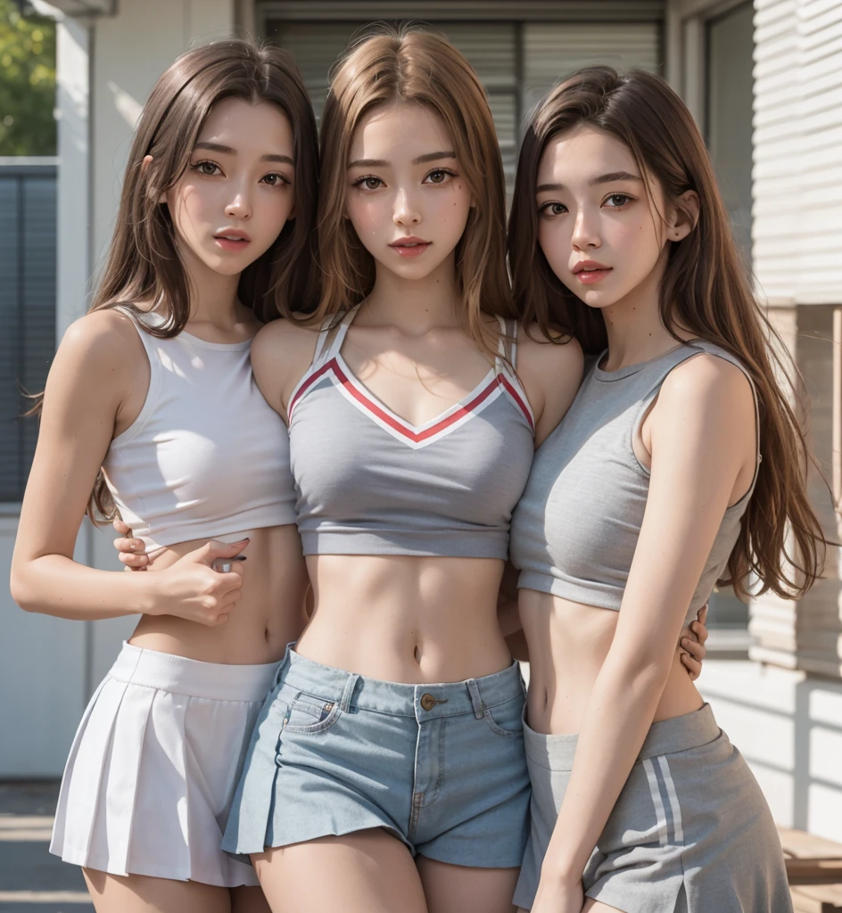 (Full Body Photo), 8k, FHD, ((Ultra Res)) (Real Face: 1.2), (Light and Vivid Colors) (Real Skin Texture), (Masterpiece), (Best Quality), (Natural Skin , soft and pale), red hair that shows one ear). (bright, vibrant, detailed gray eyes). (Expressive eyes with extreme details. 2girls, multiple girls, natural lighting, masterpiece, highly detailed, illustration, game CG, absurdres, high quality, hug, glossy lips, looking at viewer, cheerleader, midriff