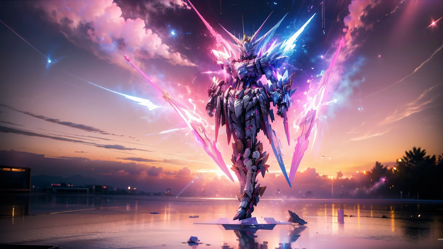 real、Hohe Auflösung、8K、Der Strike Freedom Gundam steht im Weltraum und strahlt rosa Lichtpartikel aus.、Lichtpartikel umgeben das Flugzeug、Mit Blick in die Kamera、（Weiblicher humanoider Riesenroboter）、
