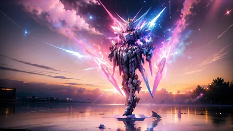 Real、high resolution、8K、The Strike Freedom Gundam stands in space emitting pink light particles.、Particles of light surround the...