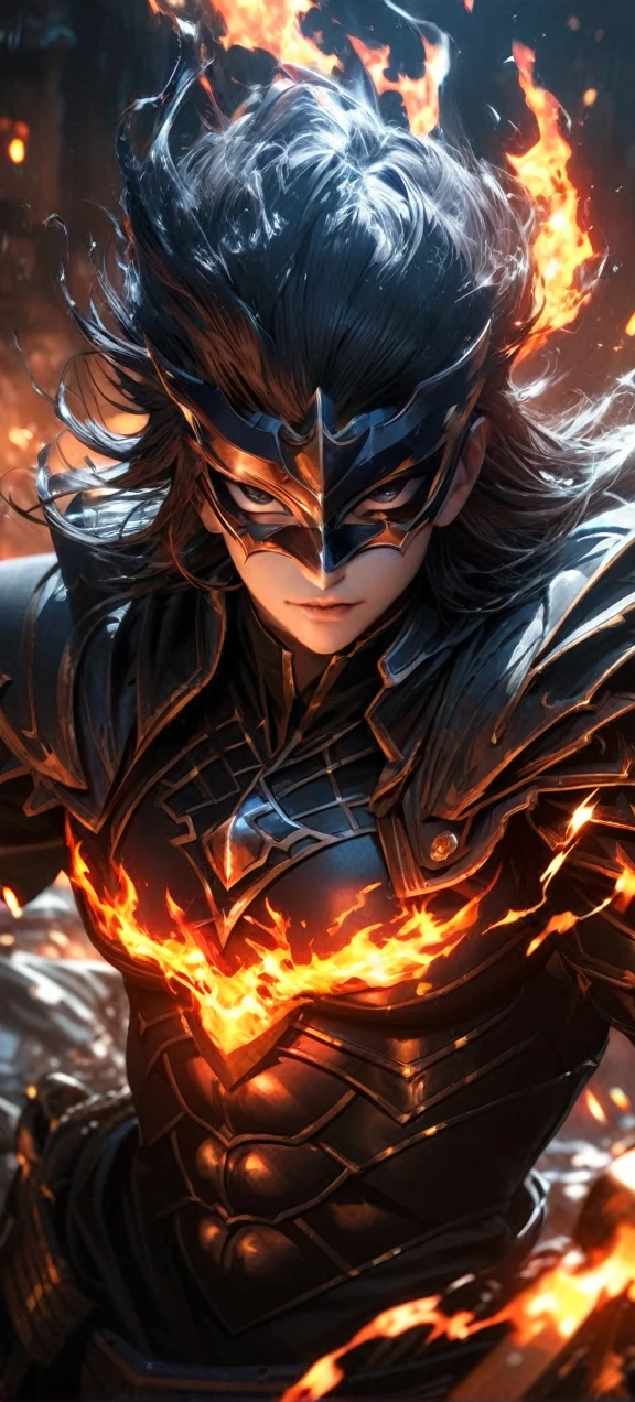  High quality, ultra realistic,absurdres, highres, ultra detailed, HDR, masterpiece, extremely detailed face and eyes,  firebringer , cool mask , Saint Saiya , Dark fire Armor, solo, ,man, handsome, ,white eyeleshes, black eyes , villain expresion, fire splashing effect, fire  lightning  effect,glowing glitters , symetrical , , fire, flaming effect
