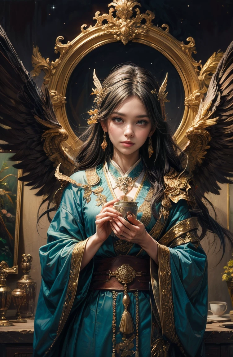 (Tabletop, Highest qualityの, Highest quality, Official Art, (beautifully、beautiful:1.4), (Oil painting:1.4) ),（（male））  (lucifer), God of Japanese God Stories々々, fleeting beauty, A mysterious god illuminated by the starry sky, Winged Angel、god&#39;Grace, Calm and thoughtful expression, Flowing Heavenly Robe, Dazzling silver stars light up the night view, Dance of shadows and lights, Whispers of Ancient Legends