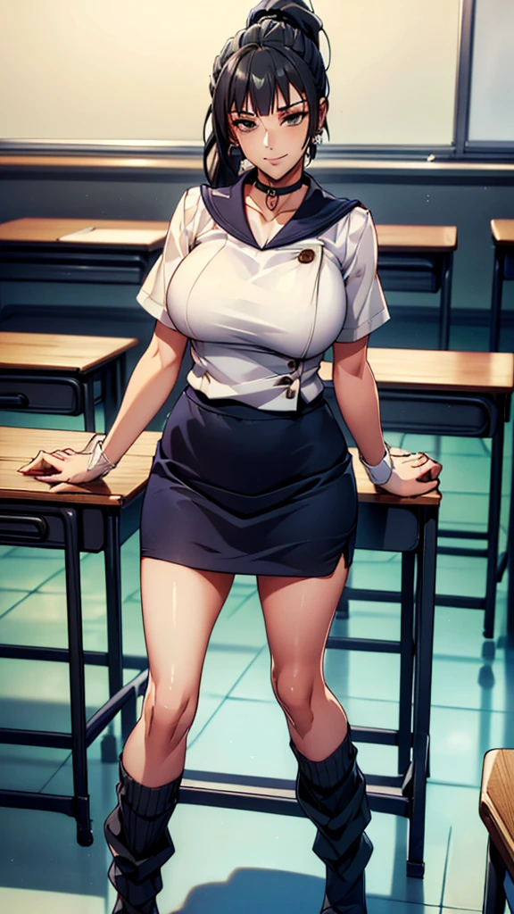 (((Highest quality, High resolution, , Pixel Perfect, 4K))),((Correct Anatomy))、((Sailor suit))、(((School classroom))), ((Highest quality)), ((intricate and detailed)), ((Black knee-high socks)), ((Mini Pleated Skirt))、irrational solution, Mature Woman, Mature Woman, perspective, Very detailed,(((Full Body Shot)))、Great style、(Long Hair)、glamorous、Sailor suit、mini skirt、black tights、(((The whole body is visible))), One Woman, ((ponytail)), Perfect hands, Detailed fingers, Beautiful details,  Black Choker, Earrings, Black Stockings, Perfect Eyes, Captivating eyes