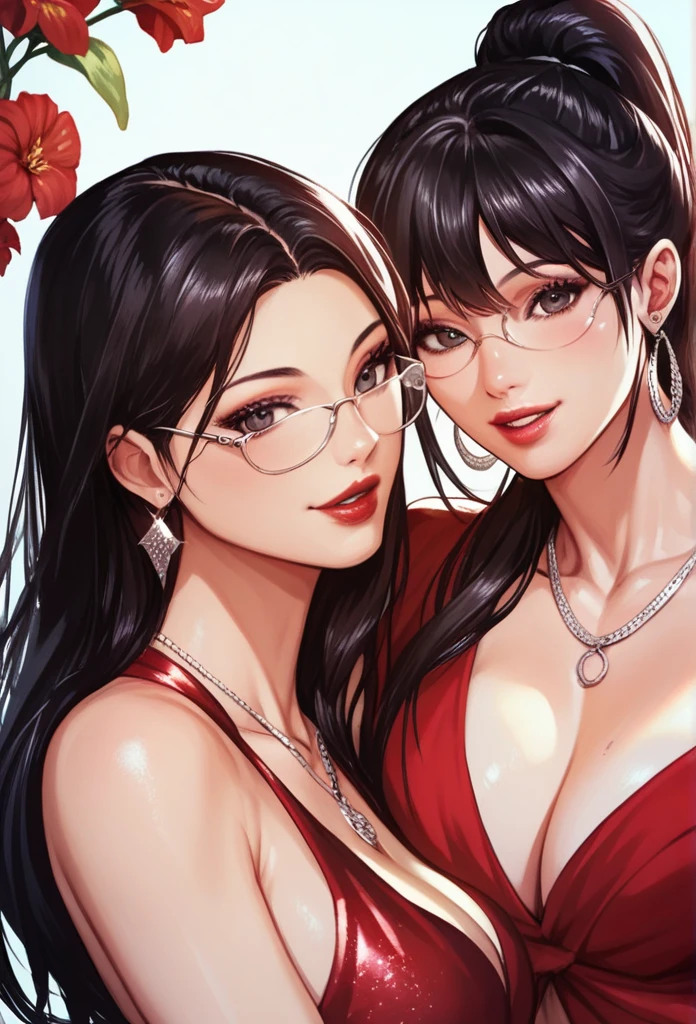 Hot sexy beautiful women , perfect body, detailed lips rings ,black  hair,black eyes, wearing white sun glasses , detailed , big silver chandelier earrings, smiling, necklace , red lipstick ,hair ponytail ,red flowers brochure,red gown,one girl