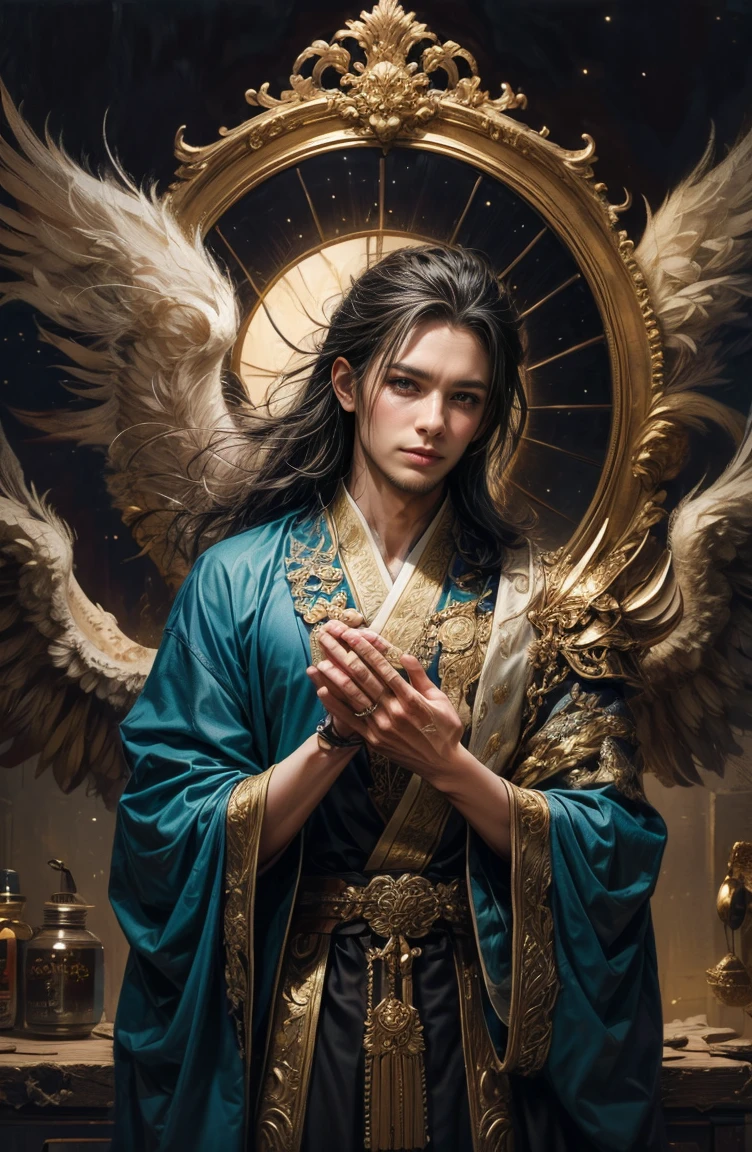 (Tabletop, Highest qualityの, ((((((male))))))、Highest quality, Official Art, (beautifully、beautiful:1.4), (Oil painting:1.4) ),（Beautiful Faces） 、(Lucifer), 日本god話のgod様々々, Fleeting beauty, 星空に照らされるgod秘的な存在, Winged Angel、god&#39;Grace, Calm and thoughtful expression, Flowing Heavenly Robe, Dazzling silver stars light up the night view, Dance of shadows and lights, Whispers of Ancient Legends