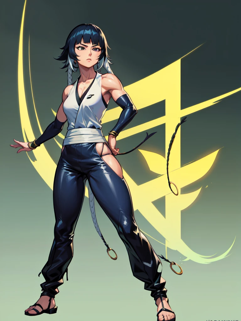 A beautiful, highly detailed full-body portrait of Soi Fon, a female anime character, standing in a simple background, masterfully rendered in 8K resolution, showcasing her fit physique, realistic details, and a normal standing pose, all in a SFW (safe for work) style.