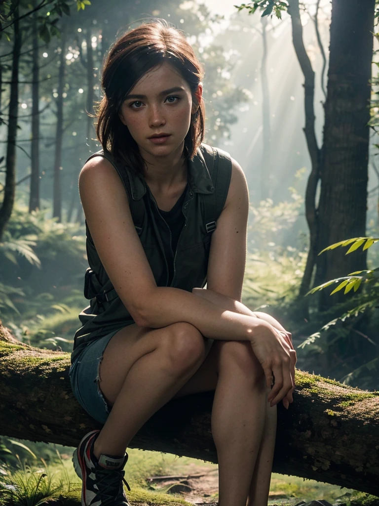 Ellie, tlou2, portrait, assis sur une bûche, la forêt, rayons de soleil, regarder le spectateur, primé, (8k, Photo brute, meilleure qualité, chef-d&#39;œuvre:1.2),ultra détaillé, (peau très détaillée:1.2), 8k uhd, Appareil photo reflex, Éclairage doux, haute qualité, 