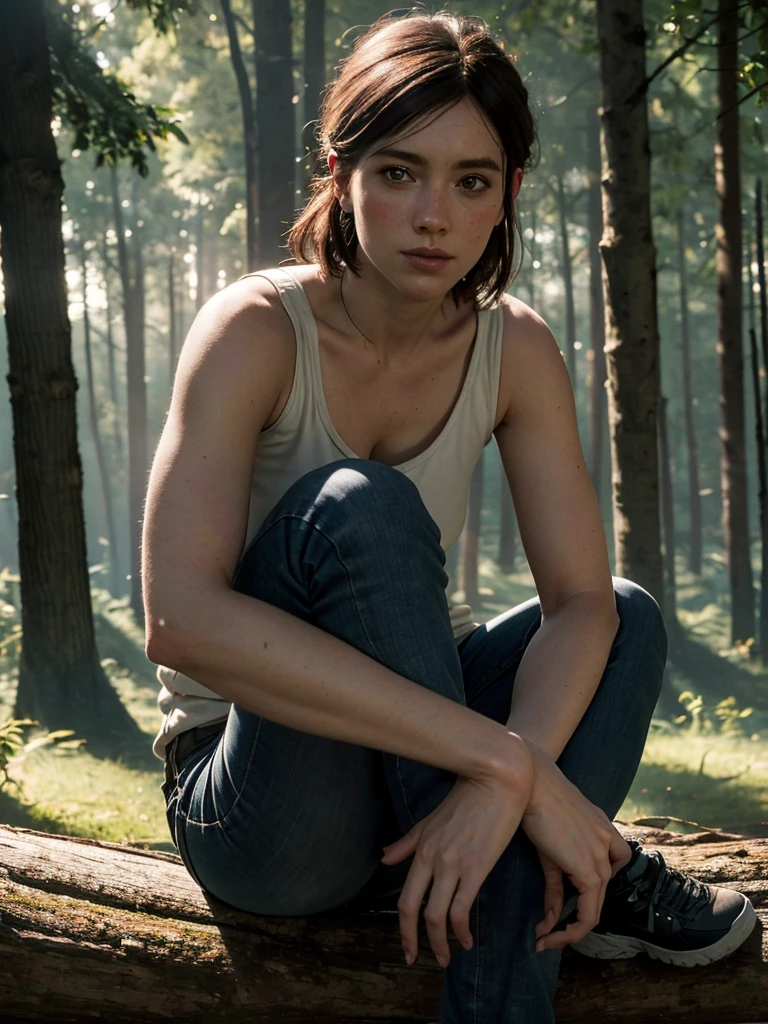 Ellie, tlou2, portrait, sitting on a log, the forest, Sun rays, Looking at the viewer, award-winning, (8 k, Raw photo, Best quality, masterpiece:1.2),ultra detailed, (highly detailed skin:1.2), 8 k uhd, SLR camera, soft lighting, high quality, 