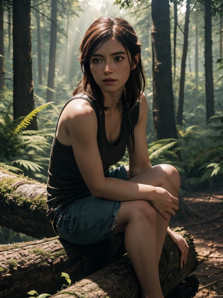 Ellie, tlou2, portrait, sitting on a log, the forest, Sun rays, Looking at the viewer, award-winning, (8 k, Raw photo, Best quality, masterpiece:1.2),ultra detailed, (highly detailed skin:1.2), 8 k uhd, SLR camera, soft lighting, high quality, 