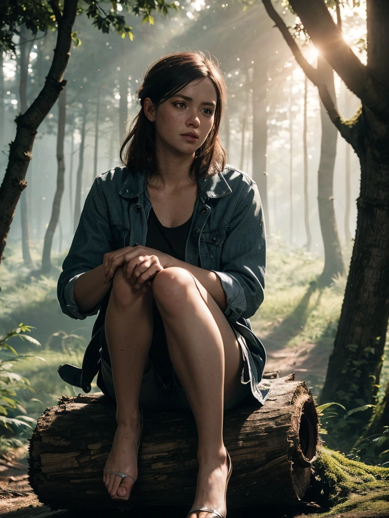 Ellie, tlou2, portrait, sitting on a log, the forest, Sun rays, Looking at the viewer, award-winning, (8 k, Raw photo, Best quality, masterpiece:1.2),ultra detailed, (highly detailed skin:1.2), 8 k uhd, SLR camera, soft lighting, high quality, 
