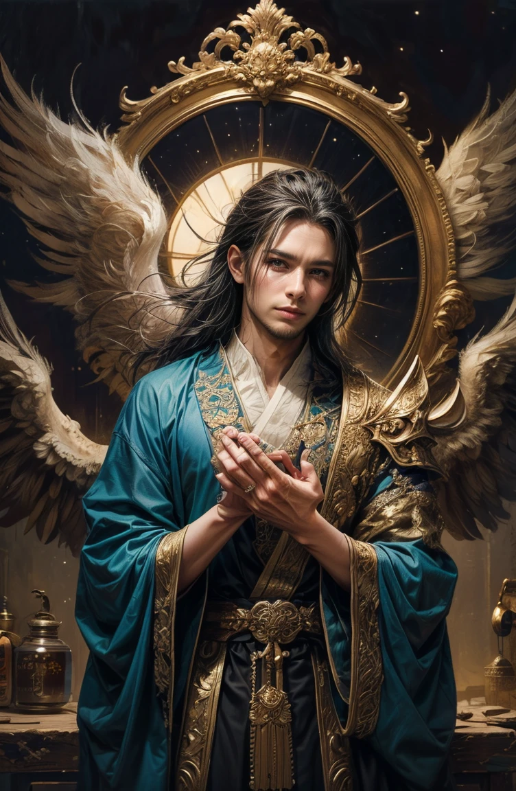 (Tabletop, Highest qualityの, ((((((male))))))、Highest quality, Official Art, (beautifully、beautiful:1.4), (Oil painting:1.4) ),（Beautiful Faces） 、(lucifer), God of Japanese God Stories々々, fleeting beauty, A mysterious god illuminated by the starry sky, Winged Angel、god&#39;Grace, Calm and thoughtful expression, Flowing Heavenly Robe, Dazzling silver stars light up the night view, Dance of shadows and lights, Whispers of Ancient Legends、