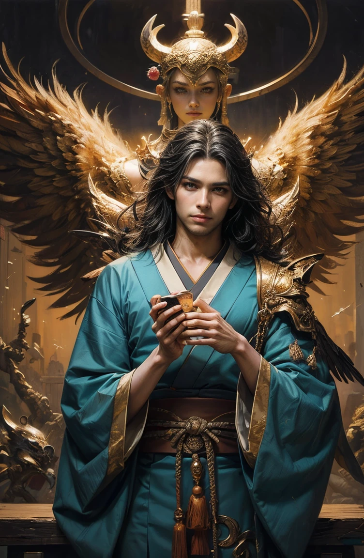 (Tabletop, Highest qualityの, ((((((male))))))、Highest quality, Official Art, (beautifully、beautiful:1.4),(((((Japanese))))) 、(Oil painting:1.4) ),（Beautiful Faces） 、(lucifer), God of Japanese God Stories々々, fleeting beauty, A mysterious god illuminated by the starry sky, Winged Angel、god&#39;Grace, Calm and thoughtful expression, Flowing Heavenly Robe, Dazzling silver stars light up the night view, Dance of shadows and lights, Whispers of Ancient Legends、