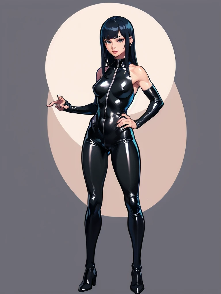 A beautiful detailed woman with long flowing black hair, piercing eyes, a sharp nose, and full lips, wearing a sleek black bodysuit, standing with a confident pose against a simple background, lineart,solo,fullbody,fitgirl,normal pose,standing,sfw