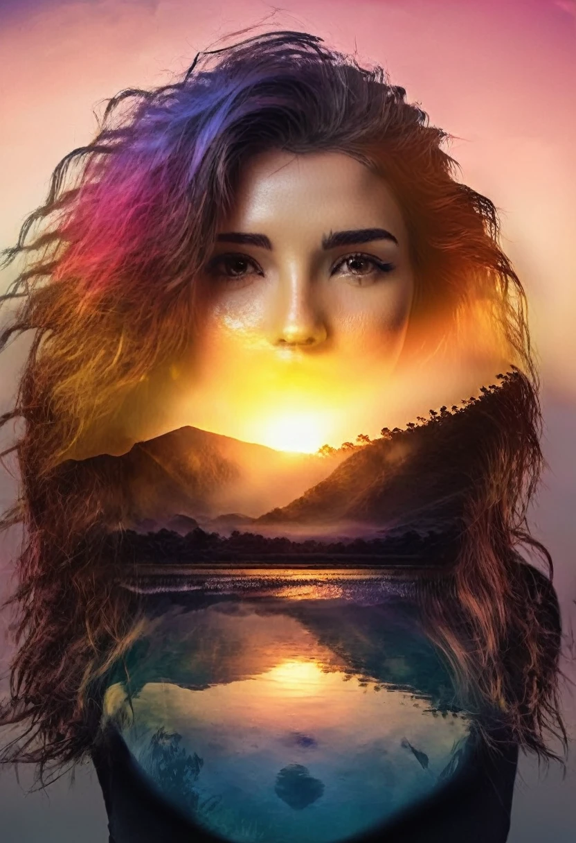 Double Exposure style of a beautiful young woman's face superimposed over a vibrant sunrise landscape, dramatic lighting, cinematic color palette, serene and ethereal atmosphere, 4k, ultra-detailed, photorealistic, award winning digital art