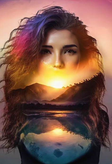 double exposure style of a beautiful young woman's face superimposed over a vibrant sunrise landscape, dramatic lighting, cinema...