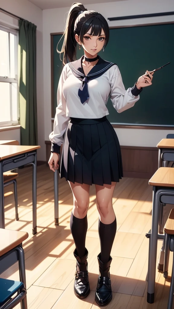 (((Highest quality, High resolution, , Pixel Perfect, 4K))),((Correct Anatomy))、((Sailor suit))、(((School classroom))), ((Highest quality)), ((intricate and detailed)), ((Black knee-high socks)), ((Mini Pleated Skirt))、irrational solution, Mature Woman, Mature Woman, perspective, Very detailed,(((Full Body Shot)))、Great style、(Long Hair)、glamorous、Sailor suit、mini skirt、black tights、(((The whole body is visible))), One Woman, ((ponytail)), Perfect hands, Detailed fingers, Beautiful details,  Black Choker, Earrings, Black Stockings, Perfect Eyes, Captivating eyes