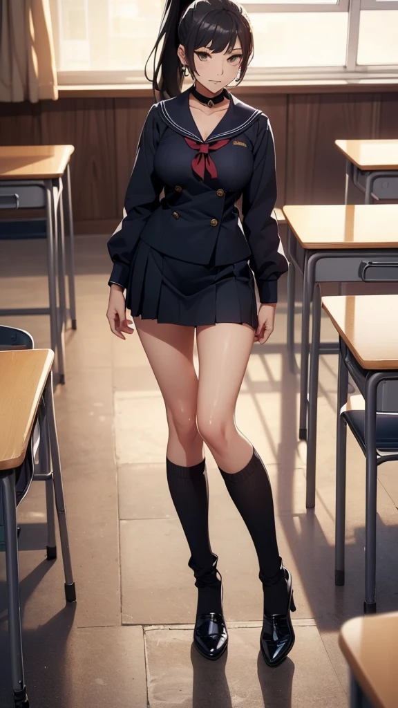 (((Highest quality, High resolution, , Pixel Perfect, 4K))),((Correct Anatomy))、((Sailor suit))、(((School classroom))), ((Highest quality)), ((intricate and detailed)), ((Black knee-high socks)), ((Mini Pleated Skirt))、irrational solution, Mature Woman, Mature Woman, perspective, Very detailed,(((Full Body Shot)))、Great style、(Long Hair)、glamorous、Sailor suit、mini skirt、black tights、(((The whole body is visible))), One Woman, ((ponytail)), Perfect hands, Detailed fingers, Beautiful details,  Black Choker, Earrings, Black Stockings, Perfect Eyes, Captivating eyes