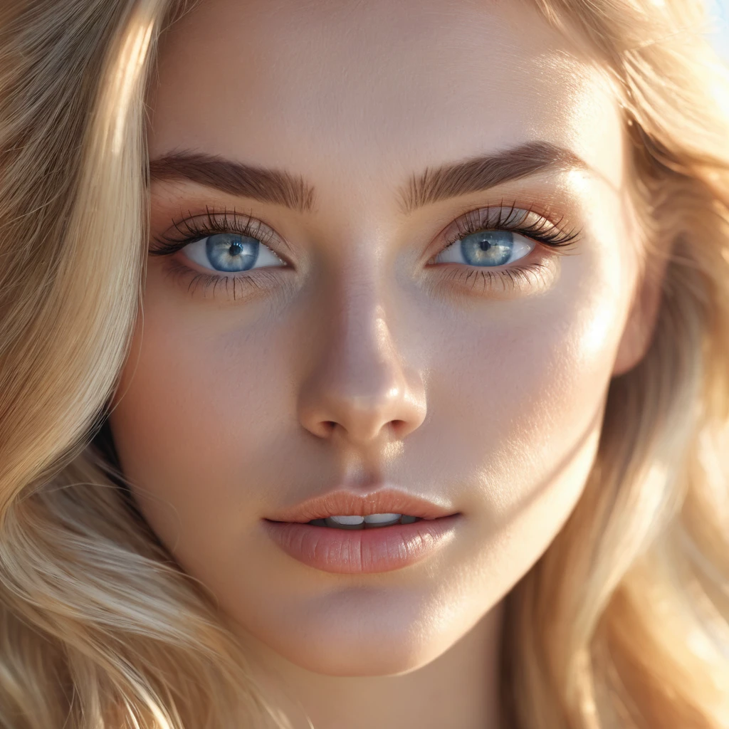 una hermosa mujer rubia con ojos azules claros, piel caucásica, su rostro se refleja suavemente por el sol(1.2), ella es una hermosa niña, Fotorrealista, 4k, rasgos faciales detallados, alta calidad, piel detallada, Cabello detallado, Iluminación realista, iluminación natural, luz de la ventana, iluminación de la hora dorada, piel brillante, ojos azules detallados, labios detallados, Nariz detallada, Cejas detalladas, Mujer hermosa, elegant, expresión serena, hermoso retrato, Calidad de estudio, Alta resolución