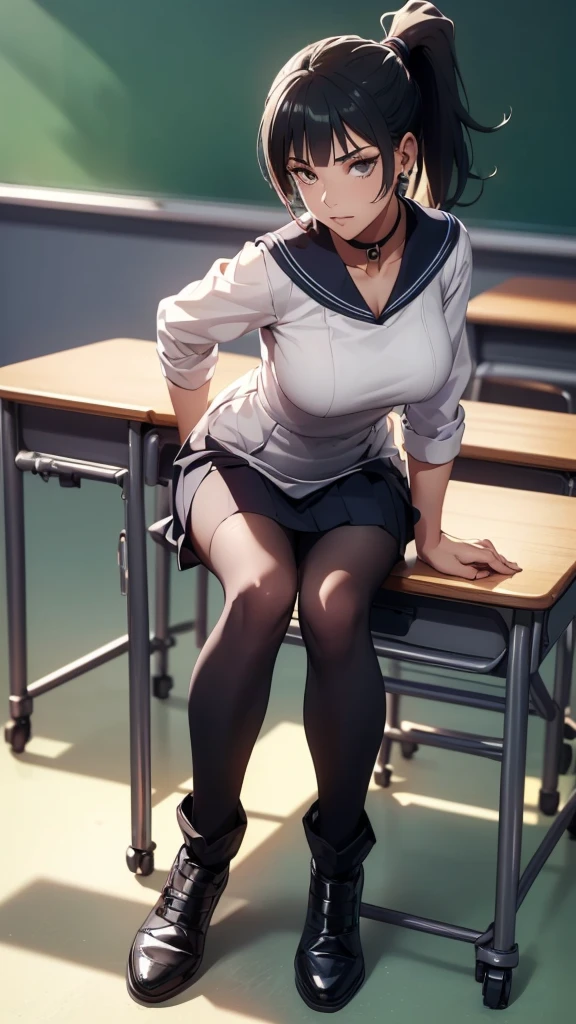 (((Highest quality, High resolution, , Pixel Perfect, 4K))),((Correct Anatomy))、((Sailor suit))、(((School classroom))), ((Highest quality)), ((intricate and detailed)), ((Black knee-high socks)), ((Mini Pleated Skirt))、irrational solution, Mature Woman, Mature Woman, perspective, Very detailed,(((Full Body Shot)))、Great style、(Long Hair)、glamorous、Sailor suit、mini skirt、black tights、(((The whole body is visible))), One Woman, ((ponytail)), Perfect hands, Detailed fingers, Beautiful details,  Black Choker, Earrings, Black Stockings, Perfect Eyes, Captivating eyes