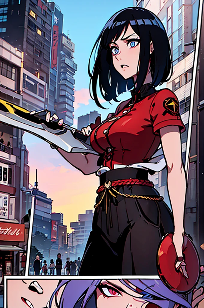 una hermosa  peli roja  de cabello largo en trenzas estilo afro con vestimenta estilo oriental futurista. urban style with an electric bass as a sacred weapon of war.  anime manga estilos comic. in the company of a young man with a beard and a ninja-style haircut.