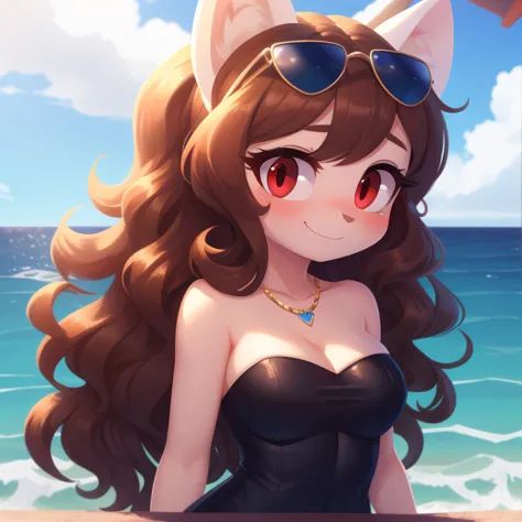 ocean, short strapless tight dress, cleavage, long curly hair, hello, sunglasses, jewelry, red eyes, long eyelashes, red eyes, s...