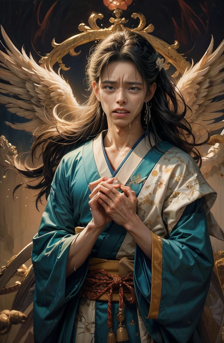 (Tabletop, Highest qualityの, ((((((male))))))、Highest quality, Official Art,(((((Crying))))) 、(beautifully、beautiful:1.4),(((((Japanese))))) 、(Oil painting:1.4) ),（Beautiful Faces） 、(lucifer), God of Japanese God Stories々々, fleeting beauty, A mysterious god illuminated by the starry sky, Winged Angel、god&#39;Grace, Calm and thoughtful expression, Flowing Heavenly Robe, Dazzling silver stars light up the night view, Dance of shadows and lights, Whispers of Ancient Legends、