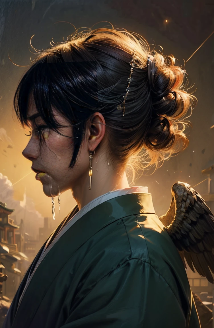 (Tabletop, Highest qualityの, ((((((male))))))、Highest quality, Official Art,(((((Crying))))) 、((((profile)))))、(beautifully、beautiful:1.4),(((((Japanese))))) 、(Oil painting:1.4) ),（Beautiful Faces） 、(Lucifer), 日本god話のgod様々々, Fleeting beauty, 星空に照らされるgod秘的な存在, Winged Angel、god&#39;Grace, Calm and thoughtful expression, Flowing Heavenly Robe, Dazzling silver stars light up the night view, Dance of shadows and lights, Whispers of Ancient Legends、