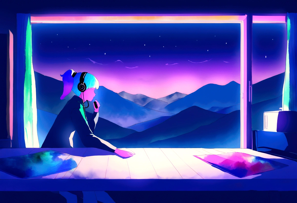 (commend), 一只在书On the table认真学习的熊, Put on your headphones, Night Light, Rainy day neon landscape outside the window,Analog color theme, Lo-fi hip-hop , flat, 2.5D ,Line Drawing, Ink Painting, Large gradients, Watercolor, Gush color, Colorful, Outcome, Synthwave, commend art,90s style,Old Texture, amplitude,90s atmosphere, On the table, huge skills