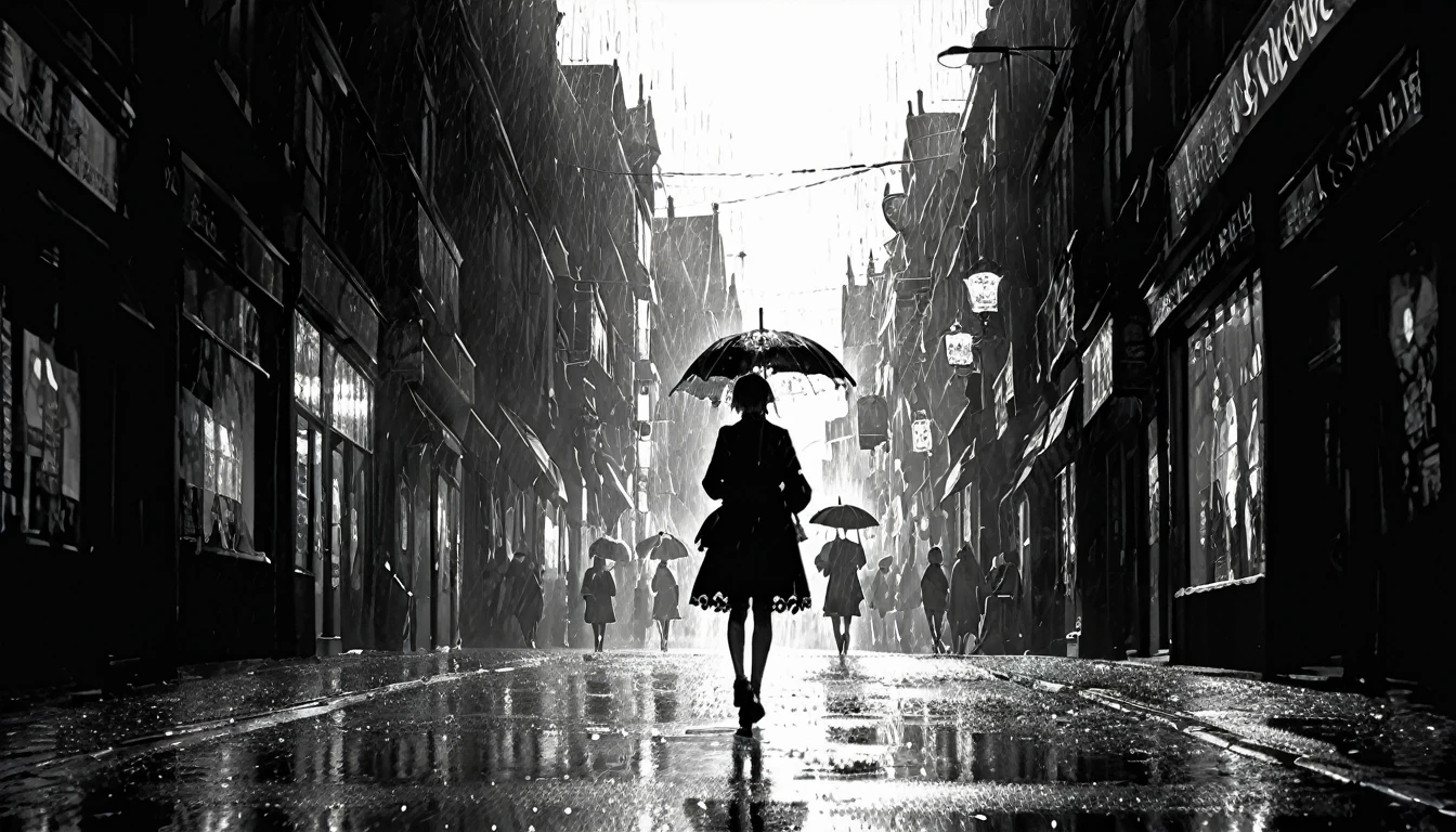 أسلوب هاري كلارك,(أسلوب اشلي وود:1.4),
(التعرض المزدوج:1.4)فتاة تمشي بمظلة تحت المطر, مثل بحر من الضوء