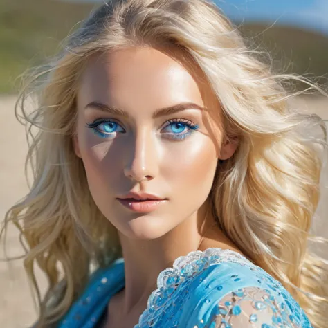 Make a beautiful blonde woman, with light blue eyes, Pele caucasiana, her face is slightly reflected by the sun&#39;lightning co...