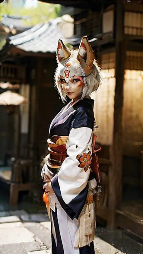 beautiful、beautiful、bright、woman、whole body、the head of a fox、 the face is like a fox、the body is a kimono、japan、outside